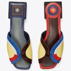 Tory Burch $348 Marquetry Slide Sandals Blue Red Brown 6